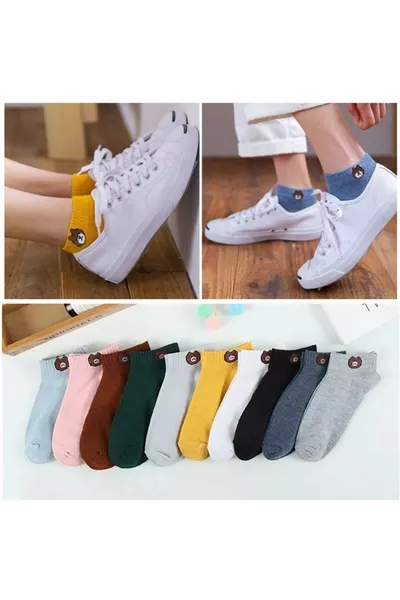 مجموعة جوارب قصيرة على الكاحل بنقشة رأس دب كرتوني ملون، 6 أزواج