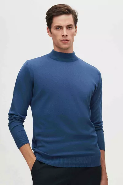 Regular Fit Blauw Katoenmix Halve Col Trui