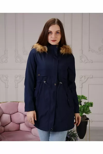 Navy Blue Women's Winter Coat & Jacket with Fur Lining and Waterproof.