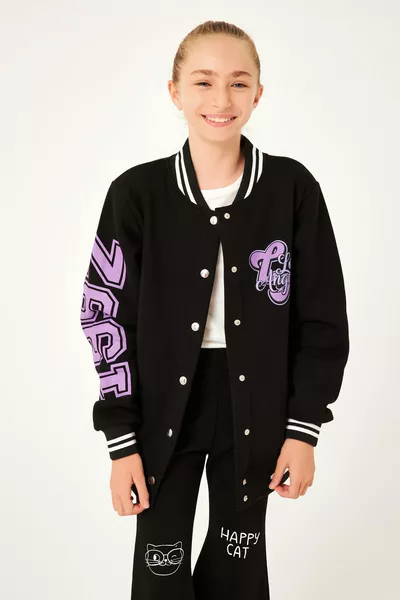  Edition Detailed Girls' College Jacket Black