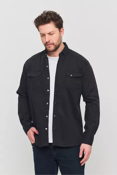 قميص رجالي بقصة نحيفة، قميص جينز رمادي للرجال