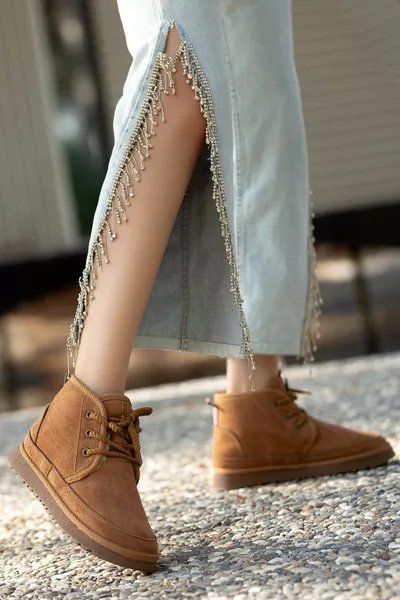 الترا بيج كريم إكرو تان الفضة الذهب اللون منخفض وحيد صغير الرباط متابعة الفراء أحذية حقيقية من جلد الغزال