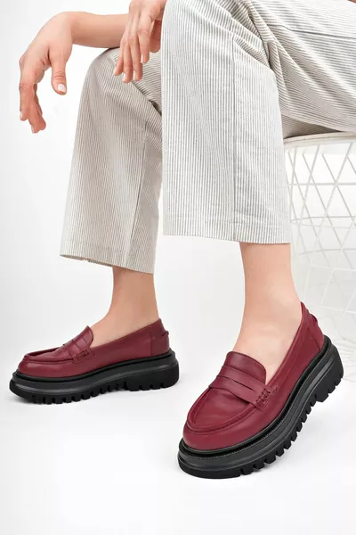 Cuir véritable Bourgogne Femmes Casual Semelle Épaisse Mocassins Chaussures De Mocassins 