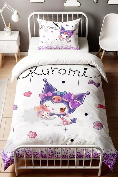 Purple Sequins and Cute Kuromi Pattern Single Baby Kids Duvet Cover Set
