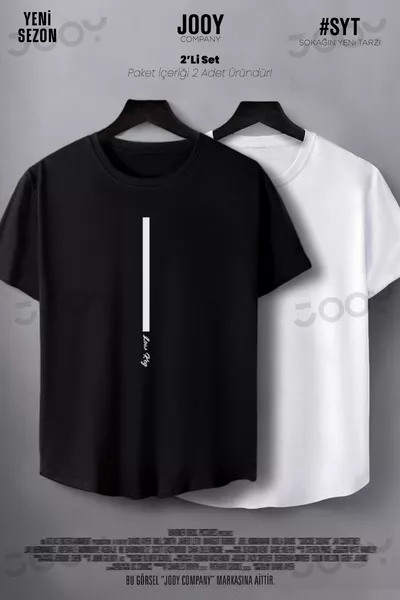 Low Key Bedrucktes Schwarz-Weiß Ovalgeschnittenes Slim-Fit T-Shirt 2er-Set
