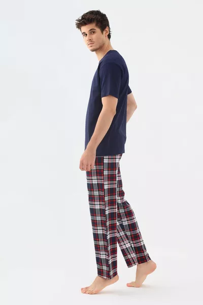 Men's Short Sleeve Plaid Patterned Cotton Pajamas Set