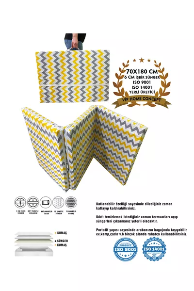 Единично сгъваемо подматрачно легло с пяна, жълто-сиво зигзагообразно,  см, 6 см