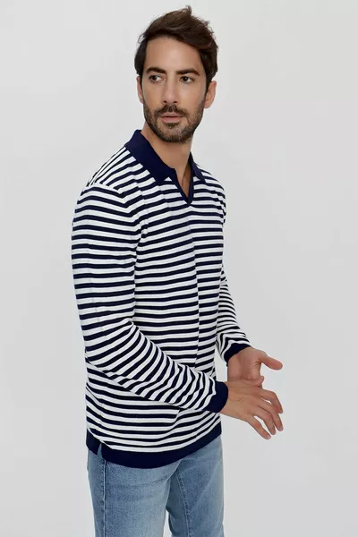 الرجال فضفاضة صالح مخطط بولو الرقبة طويلة الأكمام متماسكة سترة الأزرق الداكن Ecru 