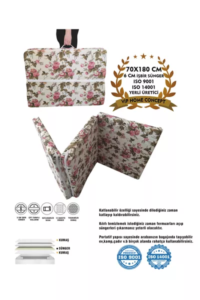 Единично сгъваемо подложно легло, дунапренов матрак, сгъваемо легло -6 см, с десен роза