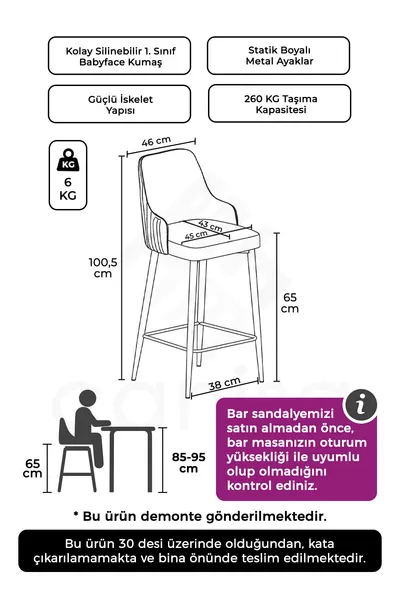 Chaise de bar de cuisine d'île Tera Série 1 pièce  cm Anthracite avec tissu Babyface et pieds en métal noir