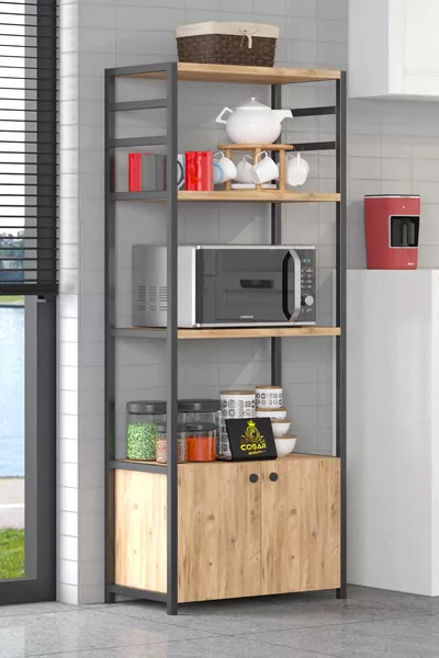 Support de Cuisine Décoratif Polyvalent 2 Portes 4 Étagères Coin Café Étagère de Cuisine