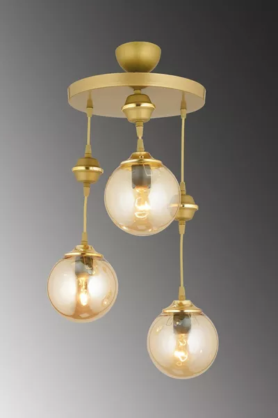 Plafonnier de luxe suspendu avec plateau en applique patiné, set de 3 globes en verre à miel orientés vers le bas