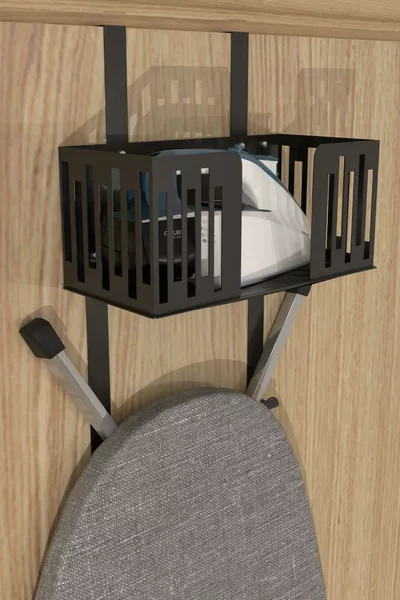 Zwarte deurzijde strijkijzer- en strijkplankhouder, organizer, strijkijzer- en strijkplankhaak S