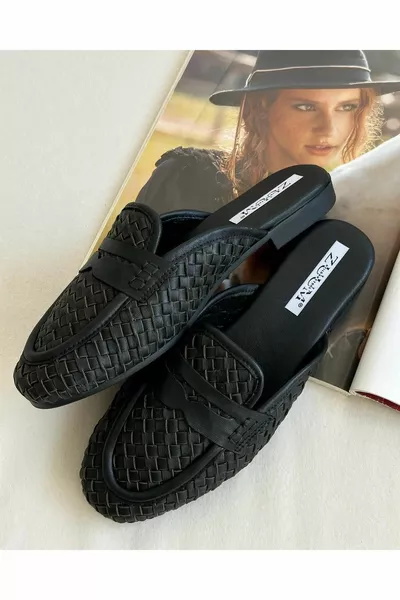 Rikon Damen Hausschuhe aus % echtem Leder - Schwarzes Leder