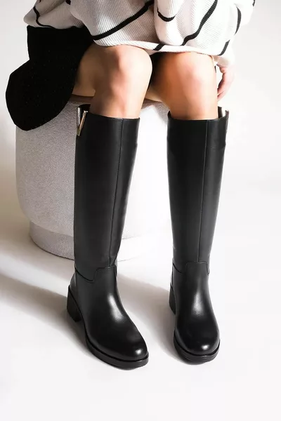 Kadın Hakiki Deri Topuklu Çizme Dizaltı Zeyna siyah