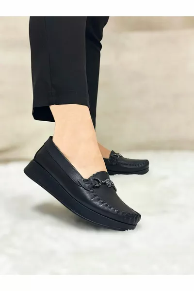 Full Orthopedic Inside Out Full Genuine Leather Black Mother Shoes Ballet Flats Model Women Shoes