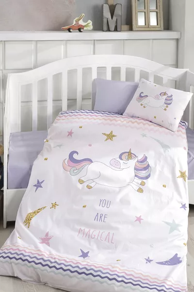 Girl's Purple Digital Printed 3D Cotton Baby Duvet Cover Set
