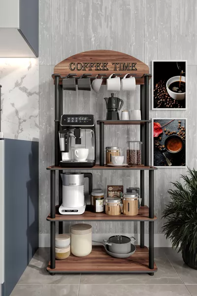 ركن قهوة متعدد الاستخدامات مزخرف متعدد الطبقات Coffee Time من خشب الجوز مادْران، بمقاسات سم × سم لجميع ماكينات القهوة