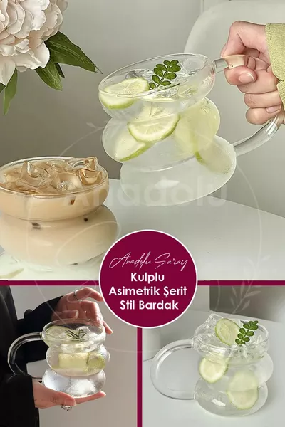 Hitzebeständiges Borosilikatglas mit Griff, asymmetrisches Streifen-Design, skandinavisches Glas | Kaffee-Servier- und Cocktailglas