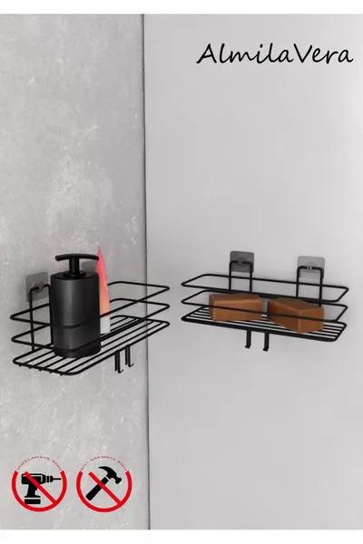 Zwarte sterke zelfklevende haak badkamerplank, set van 2.