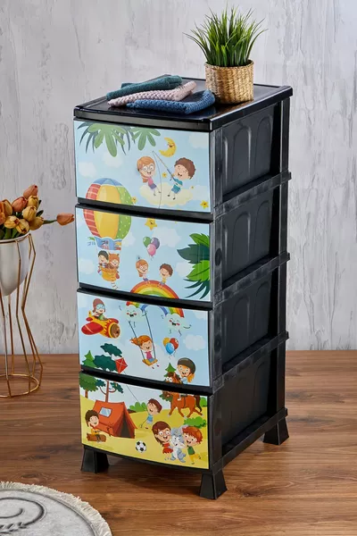 4-Tier Drawer Plastic Nightstand with Children’s Pattern Print Cover - Toy Storage - Toy Basket