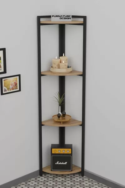 رف زاوية معدني بأربع طبقات رف مثلث ديكوري من الجوز