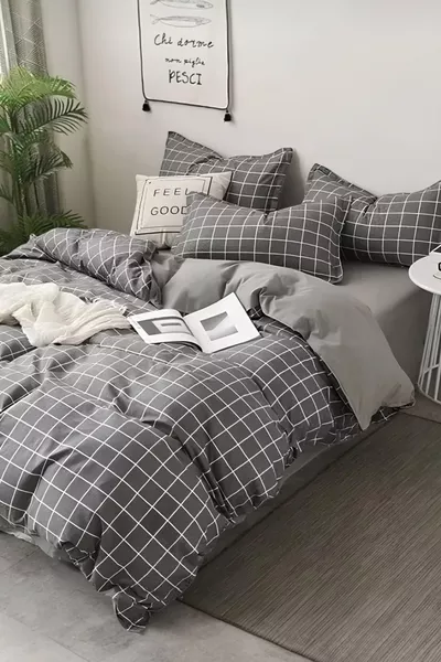 طقم لحاف مزدوج الوجه مزدوج لشخصين باللون الرمادي الداكن مربعات