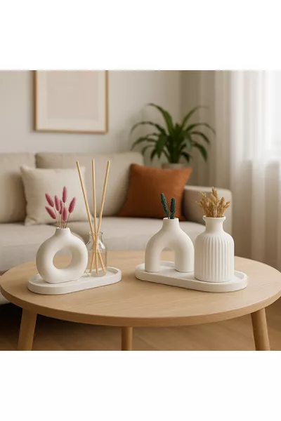 Decorative Room Fragrance Striped Vase and White Stand Set