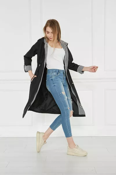 Women's Drawstring Waist Water Repellent Hooded Trench Coat