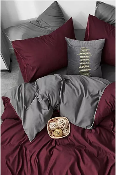 طقم لحاف بغطاء وملاية مطاطية مزدوجة، لون خمري-رمادي