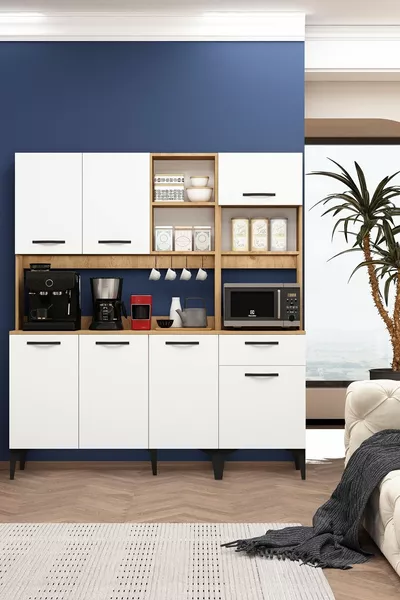 سلة ريفا متعددة الاستخدامات بيضاء مع رفوف معلقة وفرن وقسم للقسم الهوائي وركن القهوة