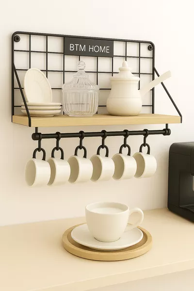 رف مطبخ خشبي بحامل وخطافات مع شماعات سلكية