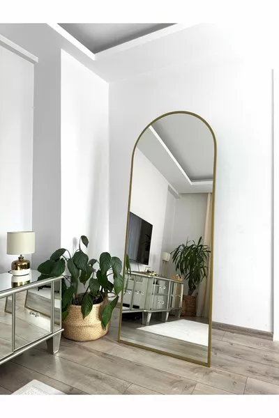 Gold Metal Framed Oval Full-Length Mirror with Disassembled Legs