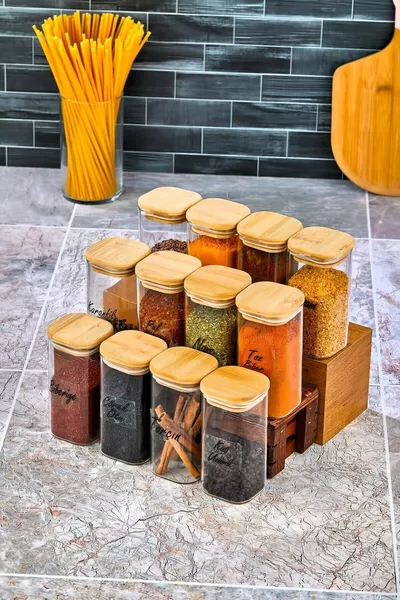 Etiketli 'li Ahşap Kapaklı Mika Baharat Seti - Sızdırmaz Lüks Akrlilik Baharatlık  ML