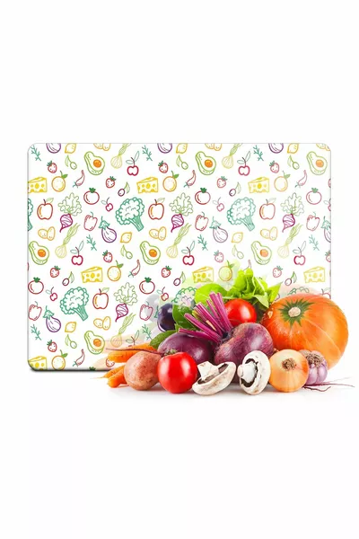 Cam Kesme Tahtası Ve Sunumluk Karışık Meyve Sebze Desenli  Cm