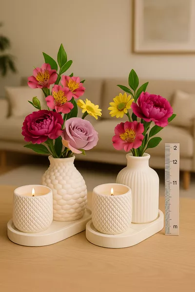 Ensemble de vase en céramique fleurie et bougie – Lot de 2 décorations de table (FLEURS NON INCLUSES)