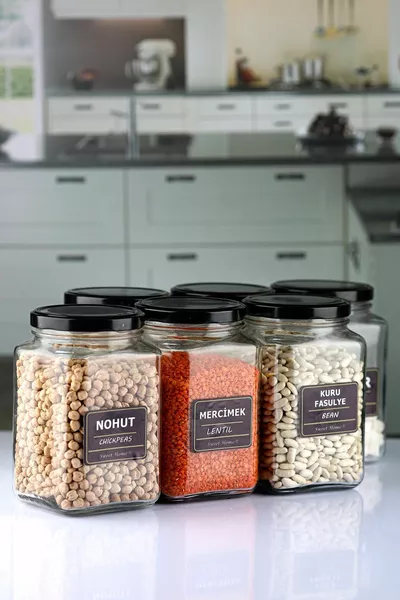 6 черни буркани с капак, стъклени, с ъглови етикети за подправки и зърнени храни