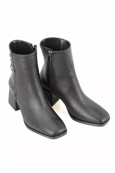 Дамски ботуши Черен квадратен пръст с цип Дебела пета Детайл