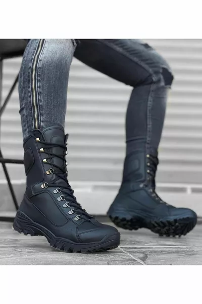  Lace-Up Black Skin Military Postal Boots