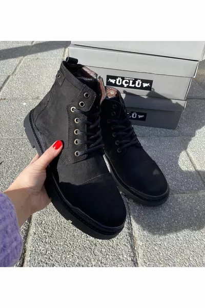 ثلاثية  الرجال الأسود جلد طبيعي عارضة الفراء سميكة المطاط عدم الانزلاق وحيد أبي الشتاء الأحذية البريدية