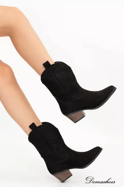 Bottes de cowboy western courtes brodées en daim noir pour femmes