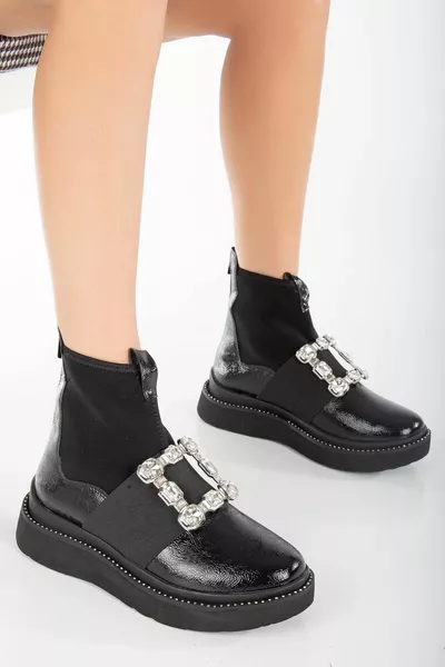 براءات الاختراع والجلود تمتد الحجر سميكة وحيد أسود أحذية نسائية