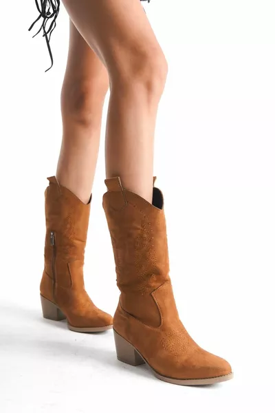 Stivali da cowboy western con cerniera ricamati in pelle scamosciata marrone chiaro