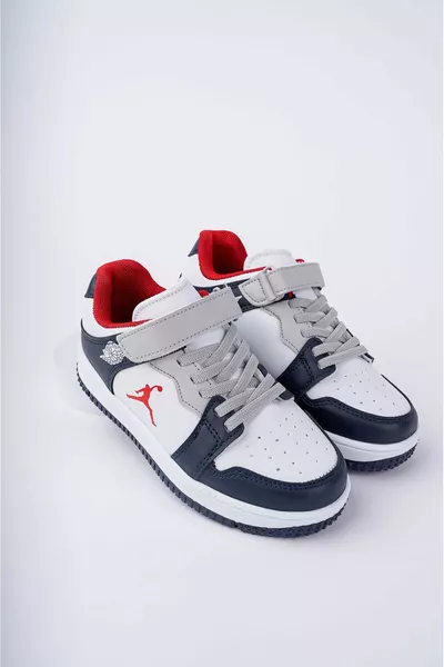 White Navy Blue Garnished Children's Sneakers