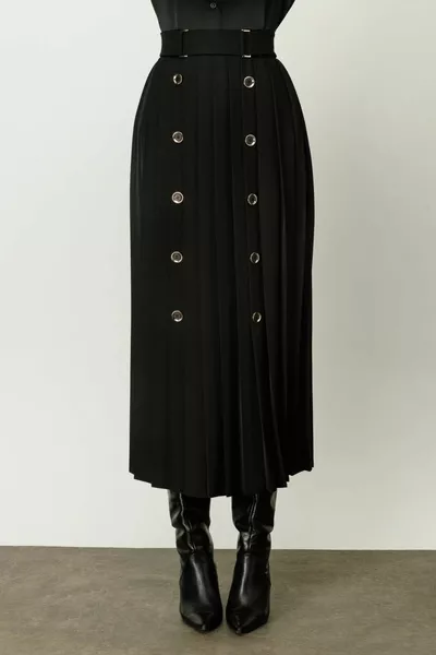 المرأة الزينة أزرار تنورة مطوي الأسود