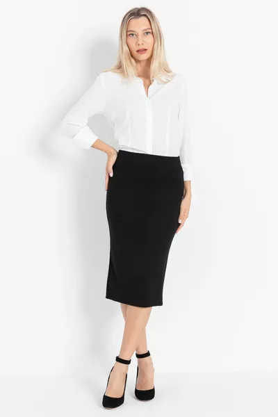 Дамска черна ликра с висока талия Еластична талия плетена отзадна цепка Детайлна пола с молив миди размер