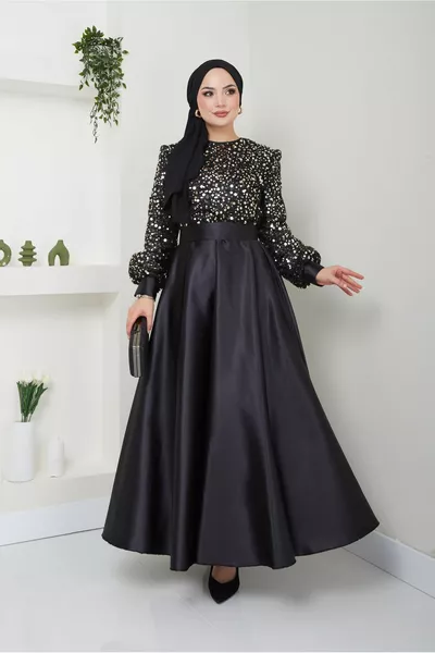 Pailletten-Abendkleid aus Satin mit Details Schwarz Gold