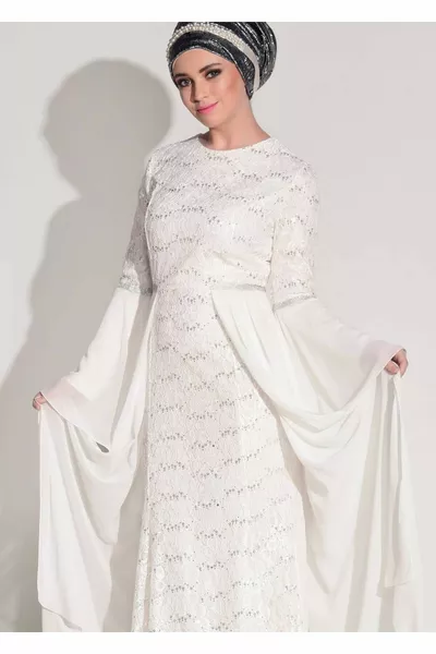 Women's Cream Lace Chiffon Detailed Evening Dress 