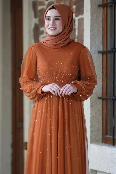 Robe de soirée hijab scintillant tuile
