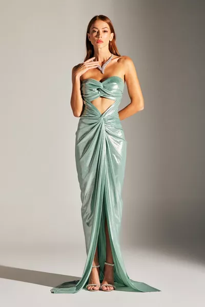 FLAVIA Glitter Fitted Draped Aqua Green evening gown